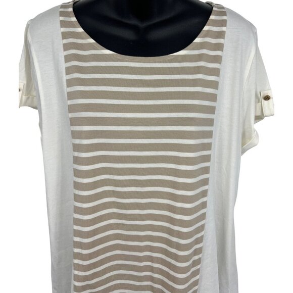 Anne Klein Women Blouse Top XL Stripe White Tan Khaki Short Sleeve Scoop New - Picture 2 of 9